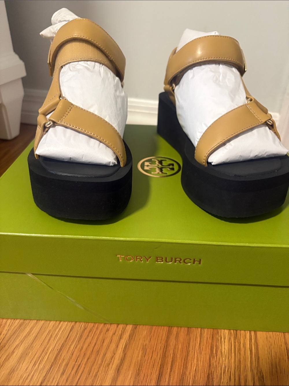 Tory Burch Mustard Tan Leather Platform Sandals with Black Platforms